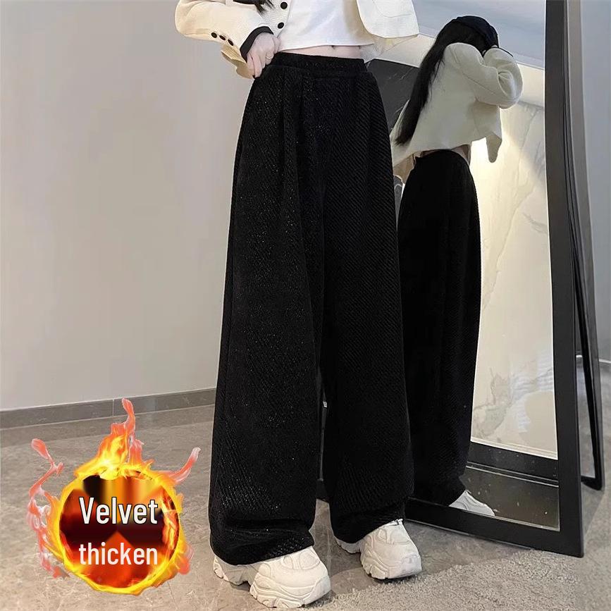 Women's 2024 Autumn/Winter Fleece-Lined Wide-Leg Striped Pants