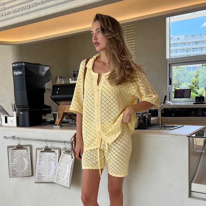 Women's Knitted Hollow Cardigan Shorts Set for Summer New Style Casual Loose Fit Solid Color Versatile Daily Commuting Women's Knitted Set