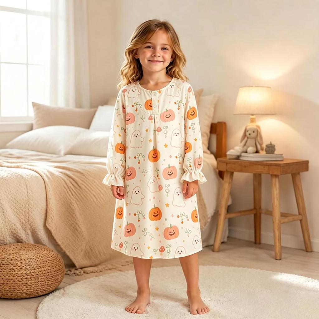 Girls Long Sleeve Print Nightgown Pajama Dress for Fall Winter Sleepwear and Loungewear