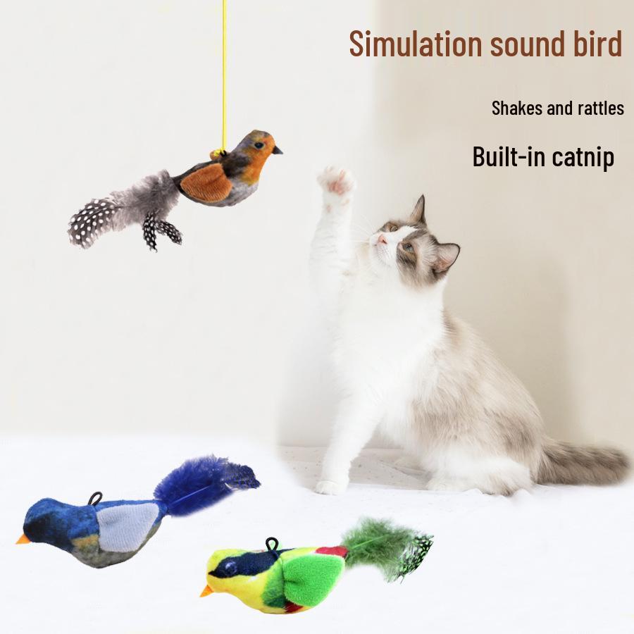 Little Bird Sounding Bite-Resistant Cat Toy with Feather Teaser for Self-Play and Boredom Relief