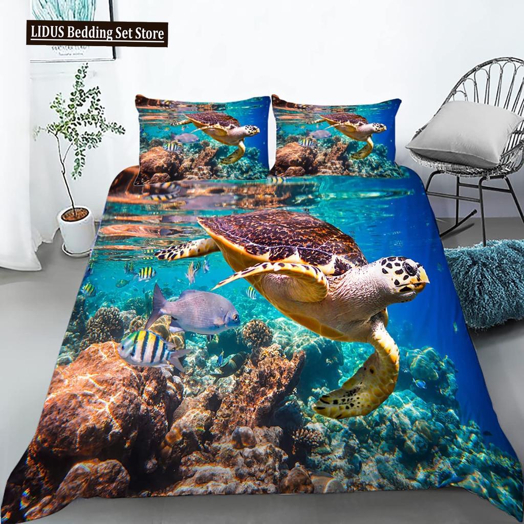 Fisch Bettbezug Set Ozean Bettwäsche Sets 3D Gedruckte Unterwasserwelt Mit Hai Delfin Korallenriff Muster Bettdeckenbezug Set 2/3tlg