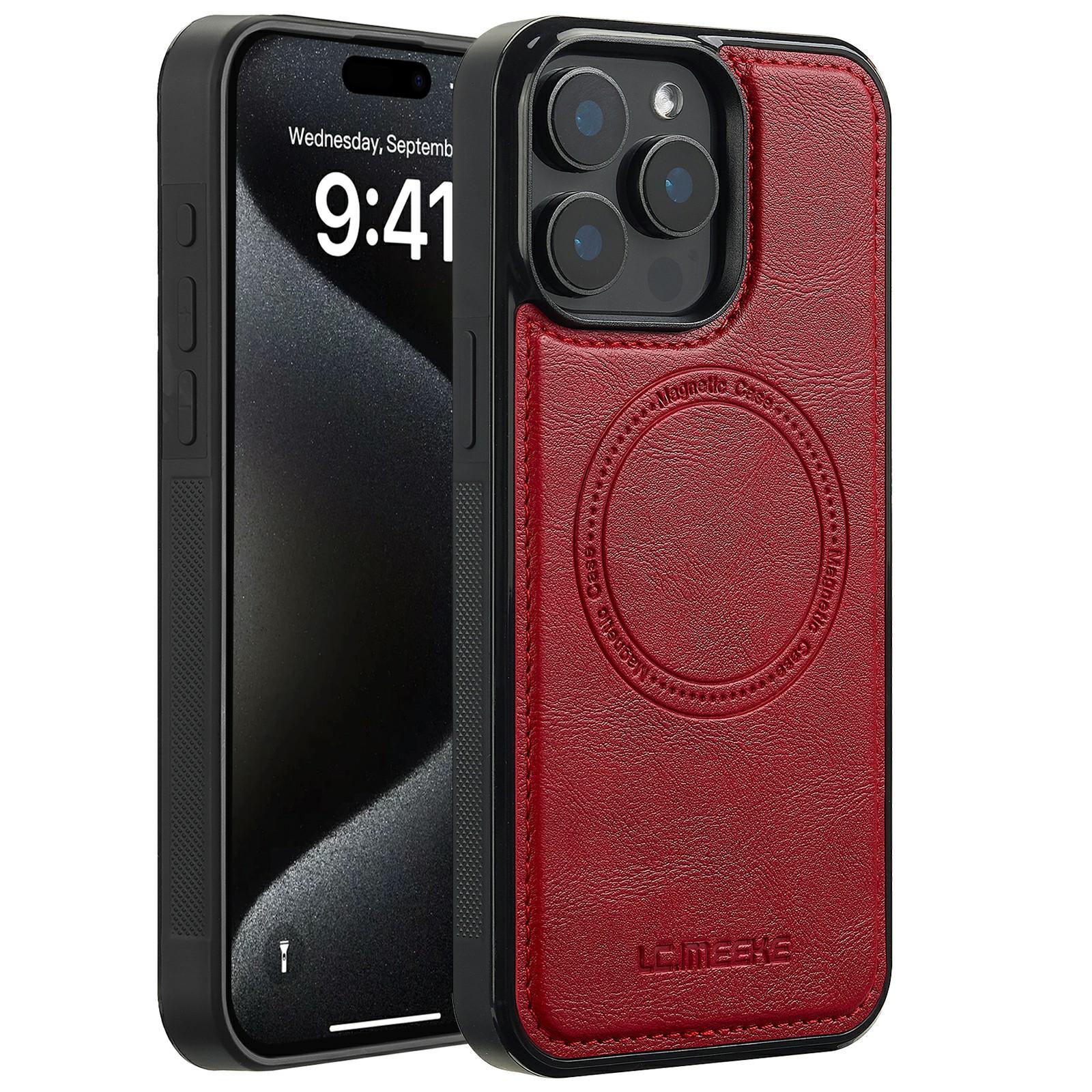 

LC.IMEEKE For iPhone 14 Pro Max Magnetic Case Compatible with MagSafe Leather+TPU Back Cover Red