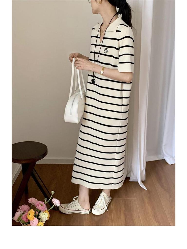 Women's Summer French Stripe Polo Dress - Short Sleeve, Embroidered, Knit, Stylish Loose Fit, Niche H-Line Design, New Arrival
