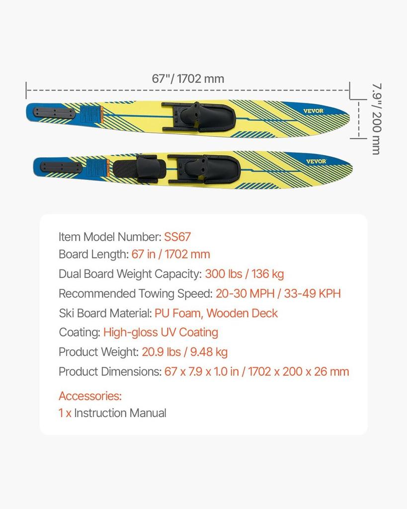 170.2 Cm Water Skis Combo Adults Water Skis with X-9 Adjustable Bindings