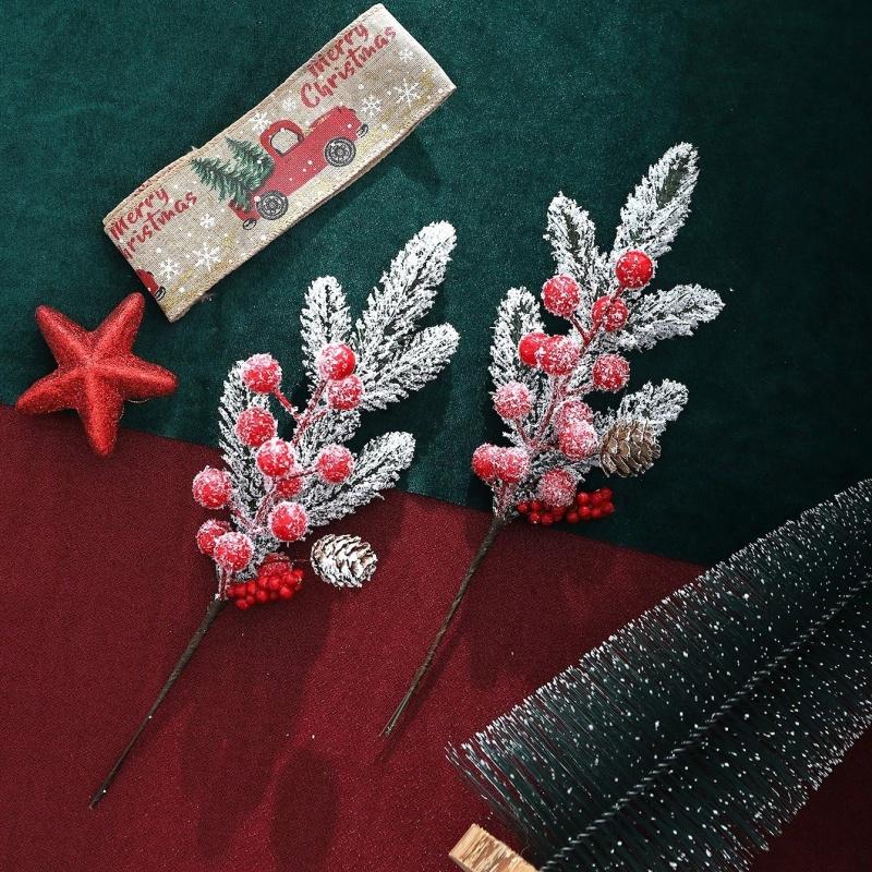 1/2Pcs Christmas Decoration Artificial Pine Branches Holly Berries Red Berry Branches for Christmas Tree Wreath Gifts Decoration
