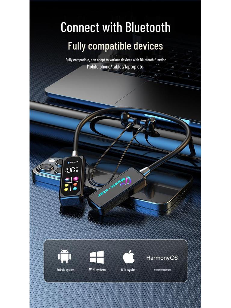 Premium Bluetooth Neck-Hanging Headset with Color Display for Streaming and Sports - Long Battery Life