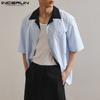 INCERUN Men Summer Oversized Short Sleeve Patchwork Striped Buttons Casual Shirts Tops