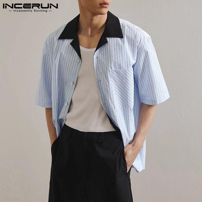 INCERUN Men Summer Oversized Short Sleeve Patchwork Striped Buttons Casual Shirts Tops