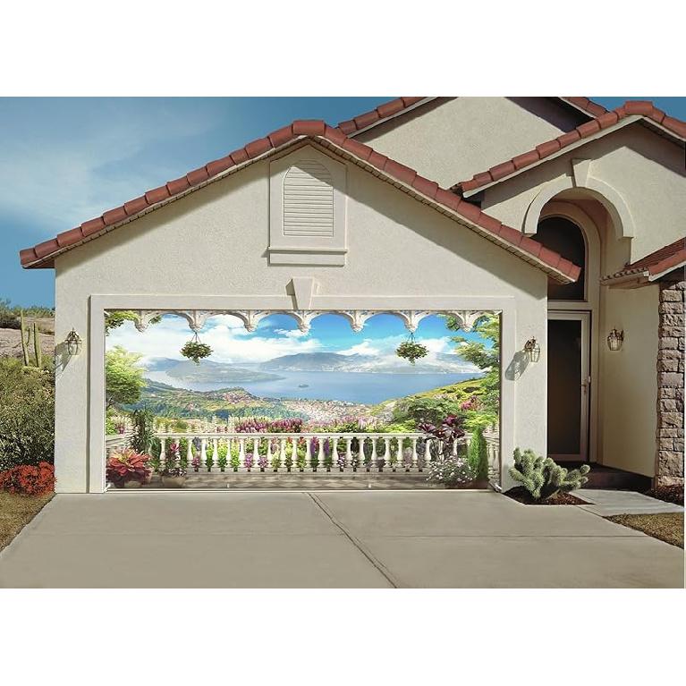 6x13ft Nature Landscape Garage Door Decor Flower House Balcony Mountains River Blue Sky White Clouds Garage Door Cover for Spring Theme Party