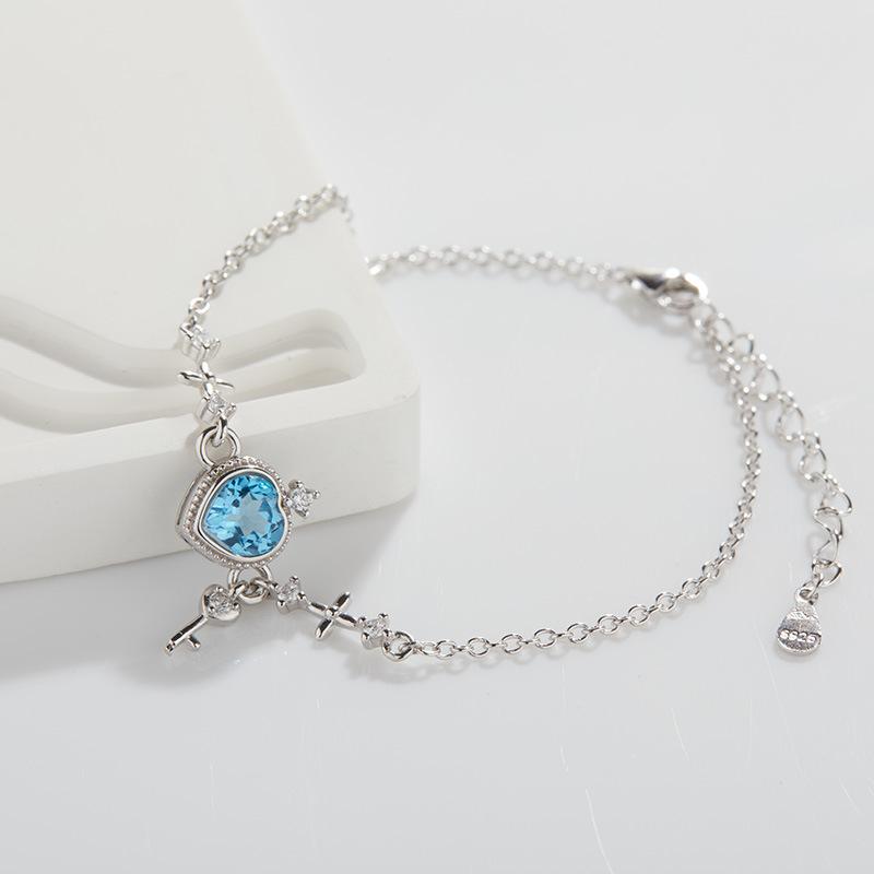 S925 Sterling Silver Inlaid With Natural Garnet Colored Treasure Topaz Love Lock Bracelet Women'S High-End Jewelry