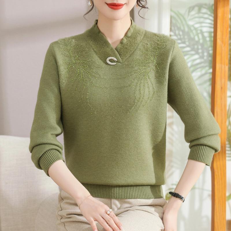Mom pullover autumn and winter fleece thickened red sweater medium and old women's integrated fleece warm knitted bottoming shirt