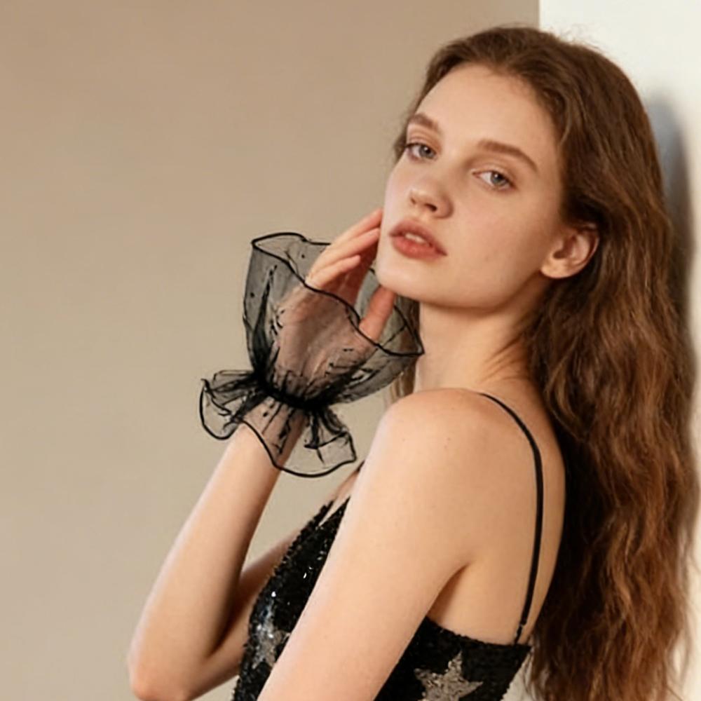 1Pair Sheer Detachable Cuffs Mesh Fake Flared Sleeves Tulle False Cuffs For Women Performance Runway Show Dress Accessories