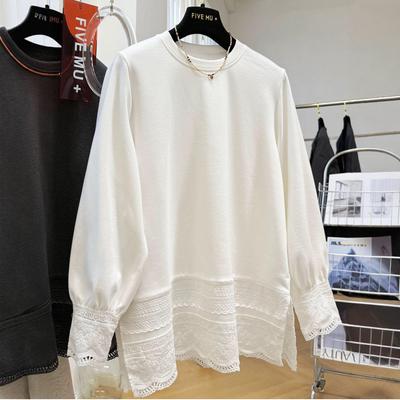 Korean Hollow Lace Patchwork Long Sleeve T-shirt - Women's Autumn/Winter Loose Style Base Layer