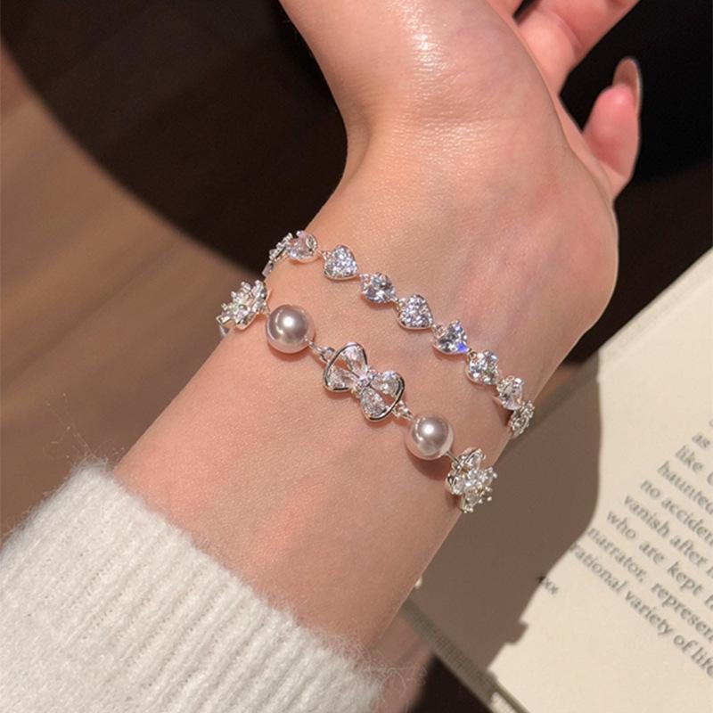 Starfall Rhinestone Bow & Heart Pearl Bracelet