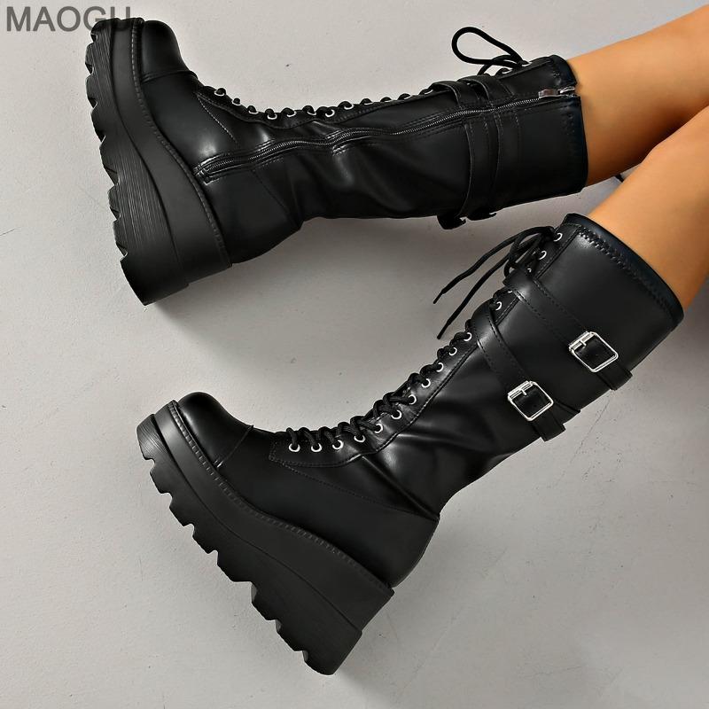 Women's Chunky Sole Belt Buckle Platform Punk Motorcycle Boots Black Anti-slip Street Style Mid-Calf Boots Size35-42 Botas Mujer
