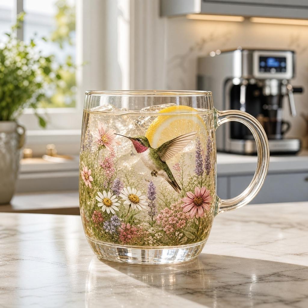 Glass Mug with Floral and Hummingbird Design Handcrafted Glassware Suitable for Hot and Cold Beverages Durable and Clear Glass Cup with Handle