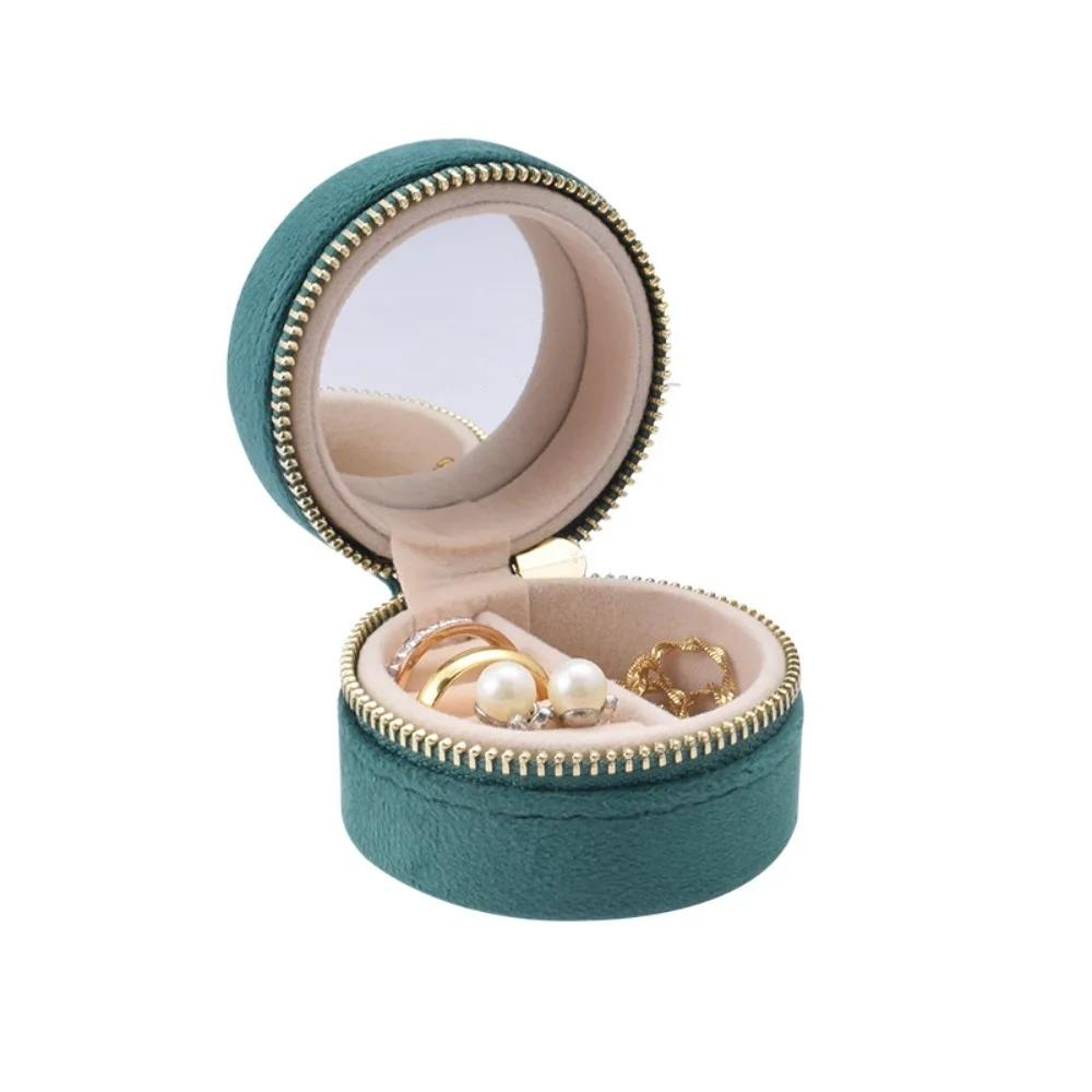 Portable Round Ring Box Mini Zipper Storage Case Velvet Earrings Necklace Organizer Travel зелёный