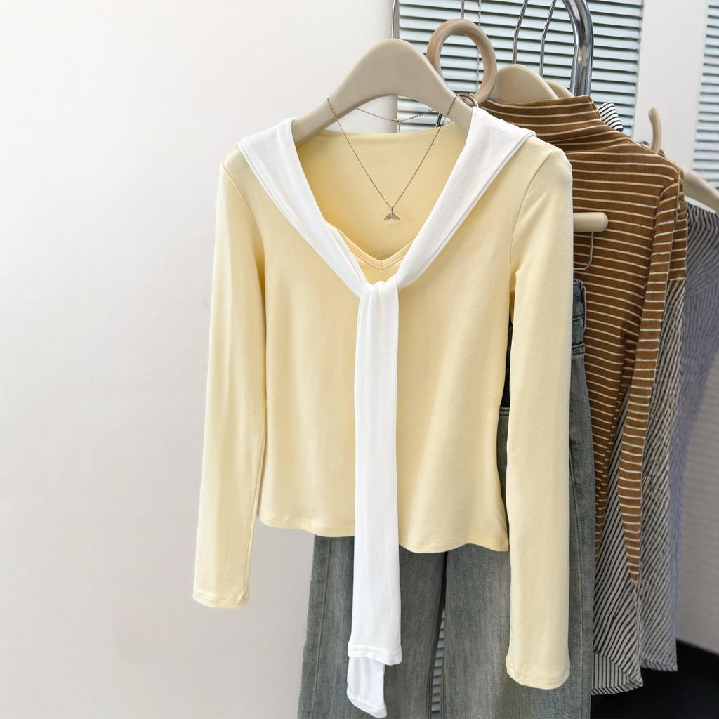 Chic Spicy V-Neck Slim-Fit Long-Sleeve Shawl T-Shirt for Women - Autumn Trendy Base Layer Top