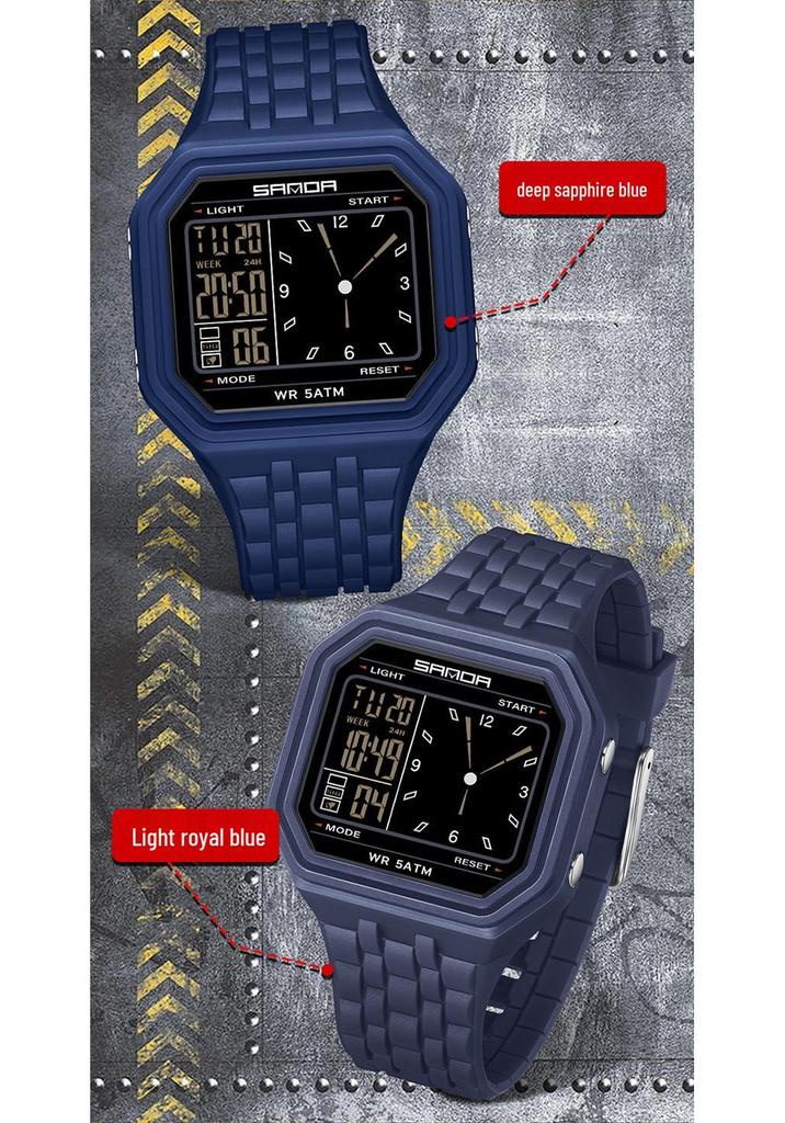 Sanda Creative Square Multifunctional Dual Display Student Watch - Countdown, Alarm, Waterproof, Trendy Electronic Timepiece.