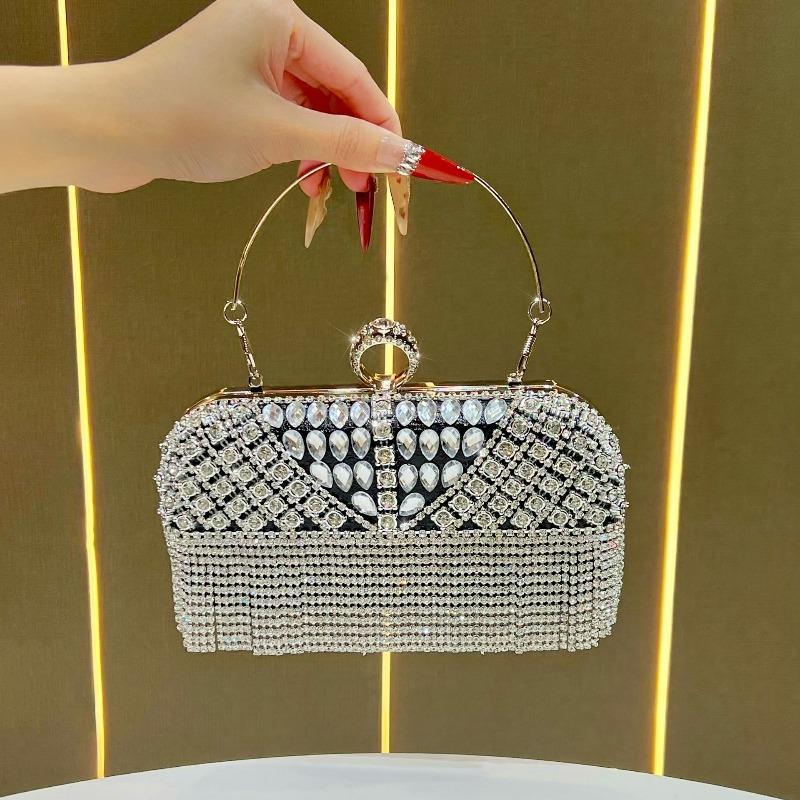 Beaded Bag with Fringes - Formal Handbag with Embedded Diamonds - Evening Bag with Diamonds
