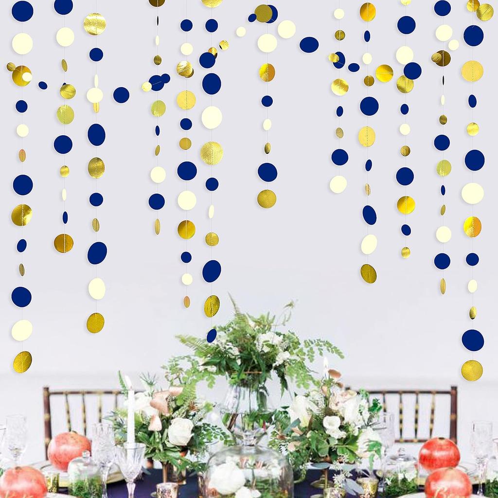 46 Ft Navy Blue and Gold Circle Dots Garland Royal Blue Hanging Paper Polka Dot Streamer for Birthday Wedding Bridal Baby Shower Graduations Nautical
