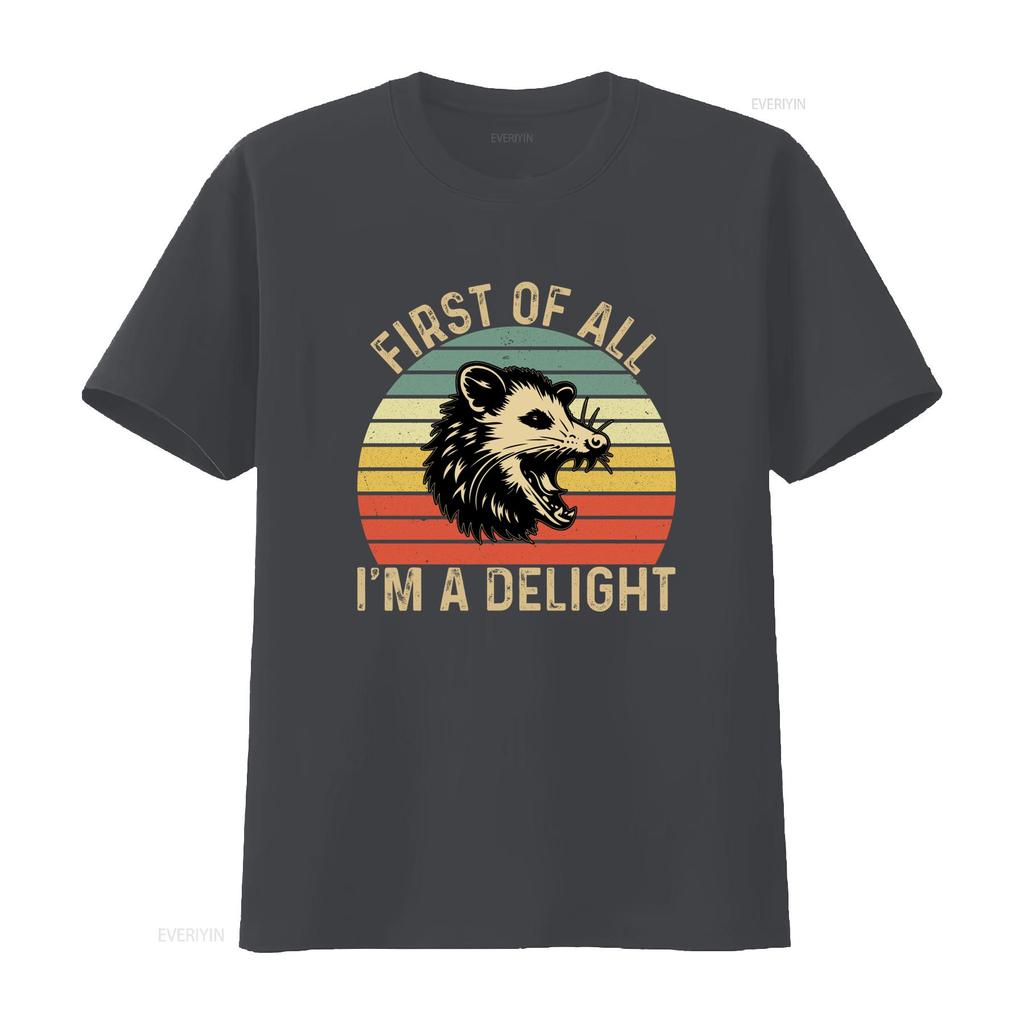 Retro Vintage Funny Opossum First Of All Im A Delight Slogan Sunset Print Casual T Shirt vintage Washed Slightly
