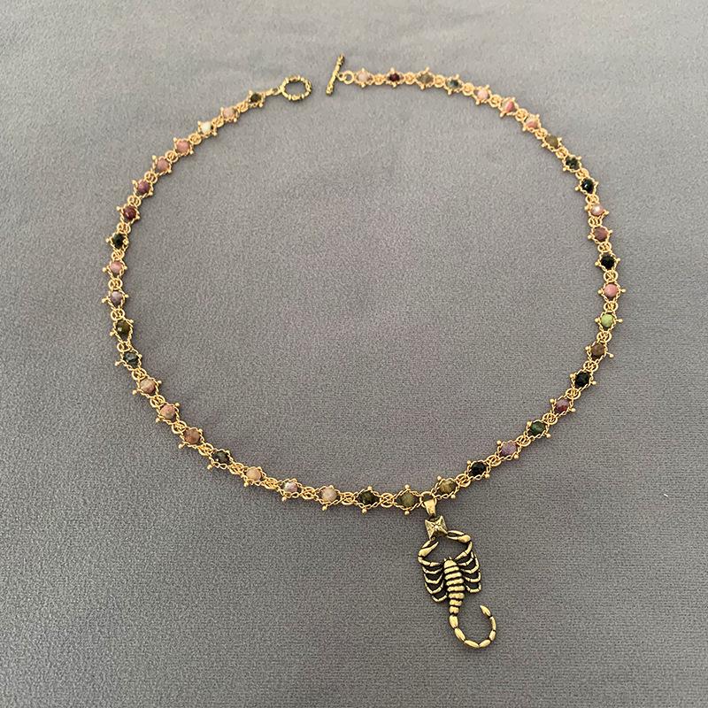 British Retro Tourmaline Handmade Necklace - Gold-Plated Brass with Scorpion Archer Design