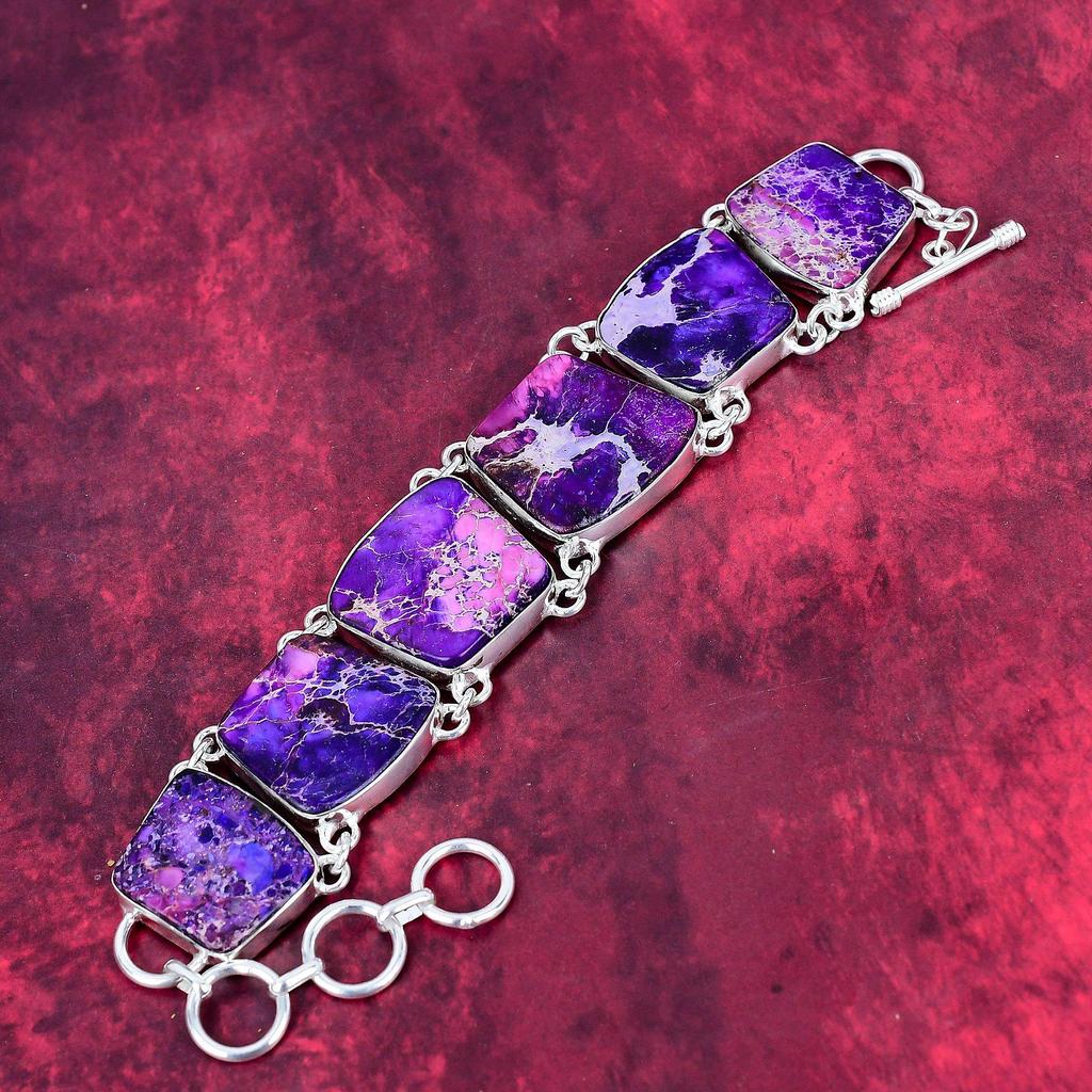 Purple Sea Sediment 925 Solid Sterling Silver Bracelet with Adjustable Chain, Handmade Gemstone Designer Jewelry Bracelet