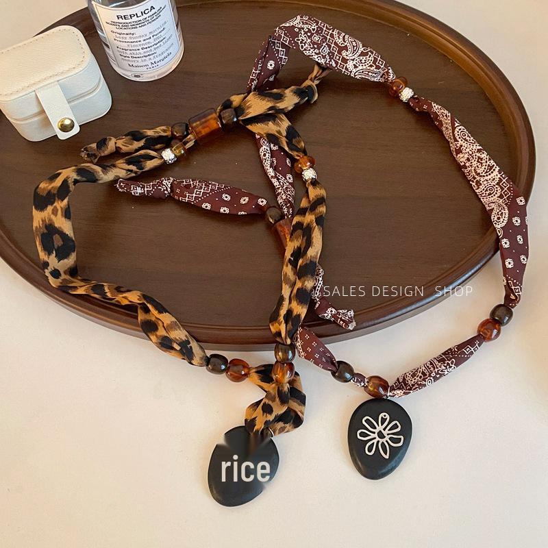 Retro Paisley Leopard Print Silk Scarf Necklace with Beaded Pendant - Women's Versatile Long Sweater Chain for Autumn & Winter.