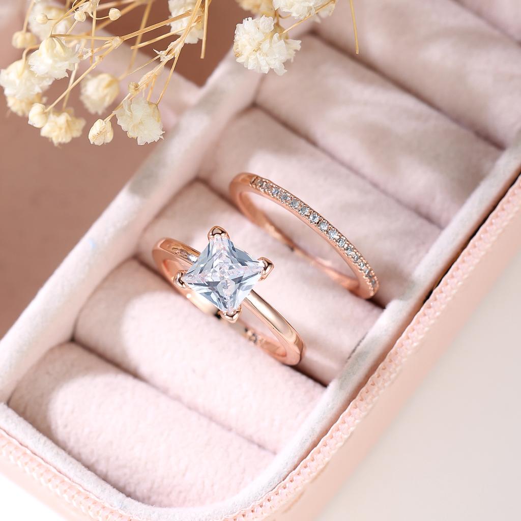 2Pcs/Set Rose Golden Color Square Cut White Stone Wedding Ring Set Valentine's Day Jewelry Gifts