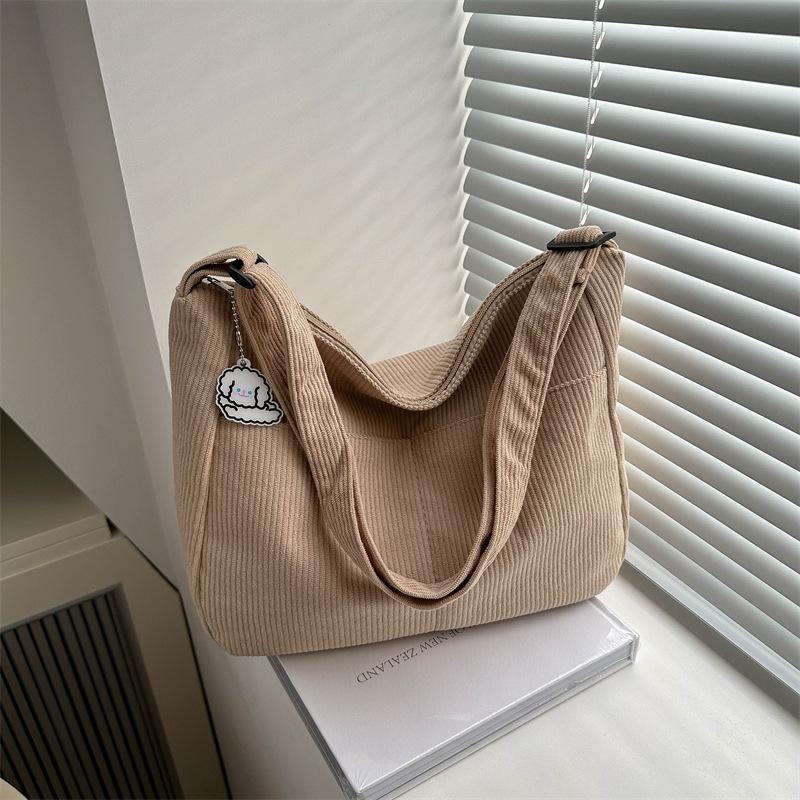 Damen Cord Schultertasche, Lässige Gestreifte Tragetasche mit Großem Fassungsvermögen und Reißverschluss, Niedlicher Hut-Aufnäher, Perfekt für den täglichen Gebrauch