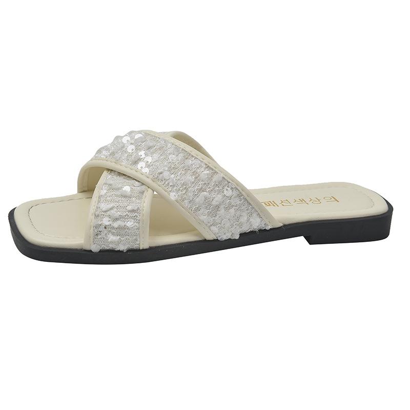 French sequined cross-strapped cool slippers 2025 summer new outer wear flat-bottomed casual high-end one-pedal slippers