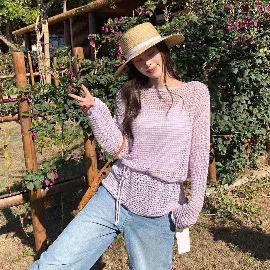 Design Knitted Long Sleeve Hollow Knitted Sweater Loose Top Lazy Round Neck Sunscreen Hoodie