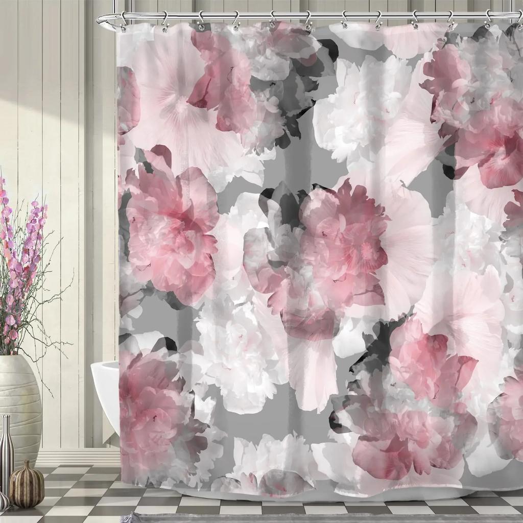 Floral Shower Curtains for Bathroom Pink Plant Flowers Watercolor Butterfly Wildflower Botanical Bathroom Curtain Set,Waterproof
