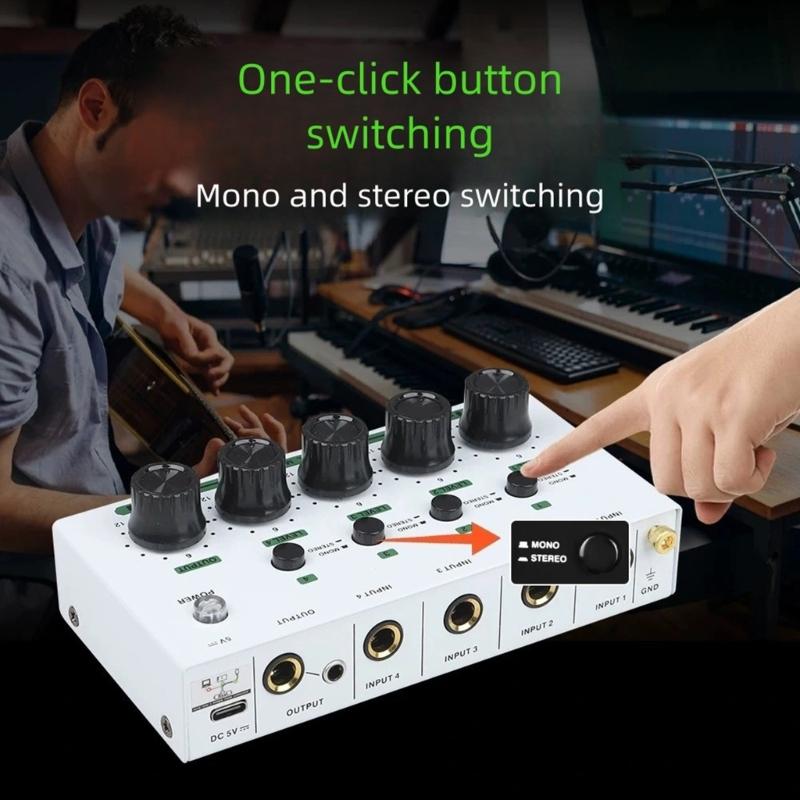 4 Channel Auditory Mixer Simultaneous Connection With Low Noise Recording And Stereo Output For Home Studio And Podcasting