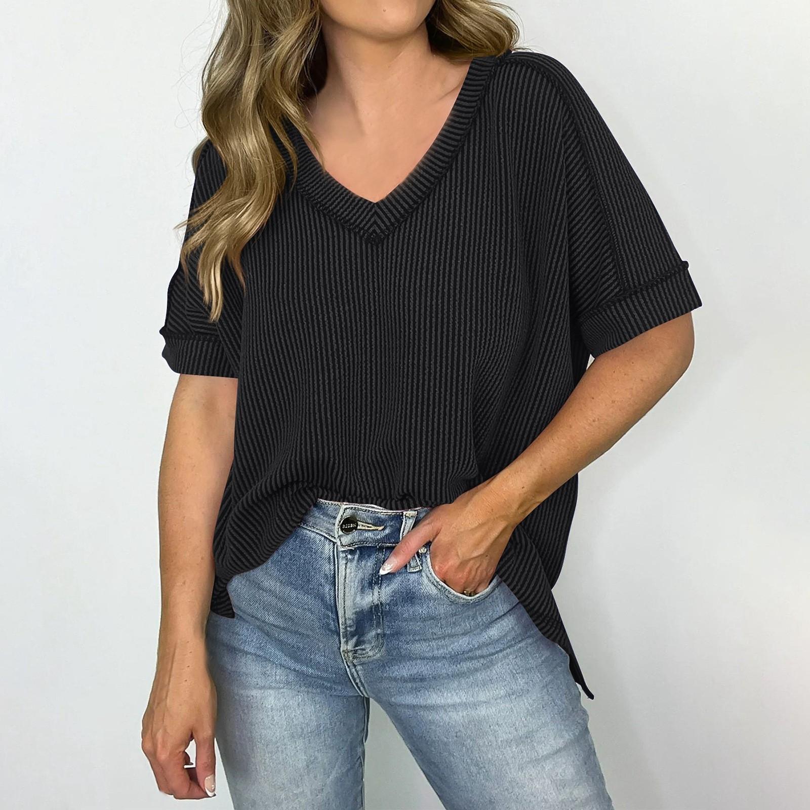 

Женская мода однотонный V-образный вырез с короткими рукавами пуловер повседневная футболка топ L чёрный