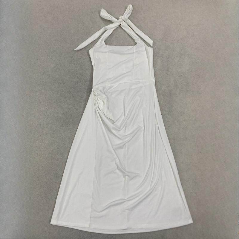 European and American summer elegant hanging neck square neck white medium length slimming waist pleated dress S белый