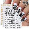 3sheets 3D Old English Letter Nail Stickers Gold/Silver/Black Retro Alphabet & Numbers Nail Decals Self-Adhesive Nail Decora E#4