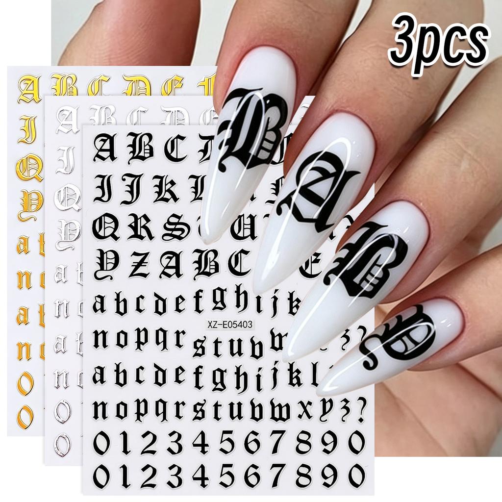 3sheets 3D Old English Letter Nail Stickers Gold/Silver/Black Retro Alphabet & Numbers Nail Decals Self-Adhesive Nail Decora E#4