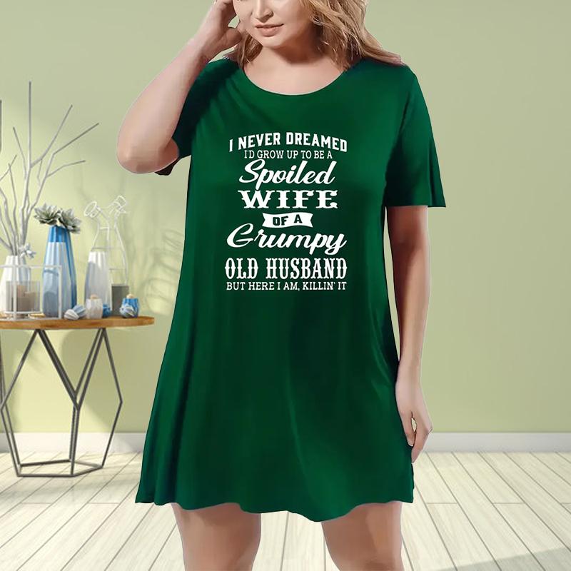 

Модное женское свободное платье-трапеция с буквенным принтом и коротким рукавом с круглым вырезом и принтом листьев 8XL зелёный