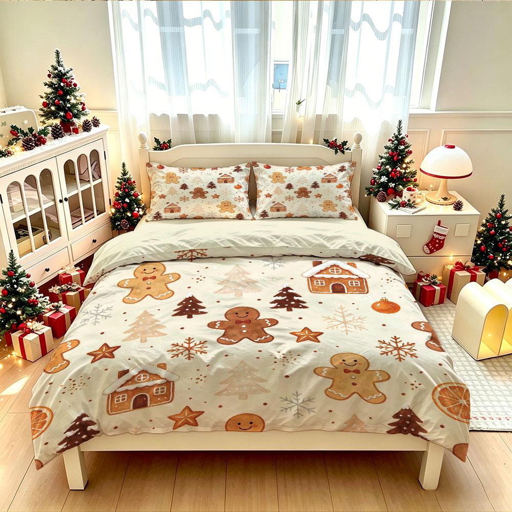 3PCS Duvet Cover Set Christmas Gingerbread Man Christmas Tree Cabin Xmas Bedding Set Holiday Bedroom Decor