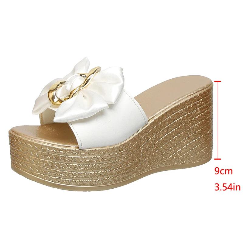 White Satin Bowknot Chunky Platyform Sandals for Women Chain Decor Wedge Heel Sandals Woman Thick Bottom Summer Slippers