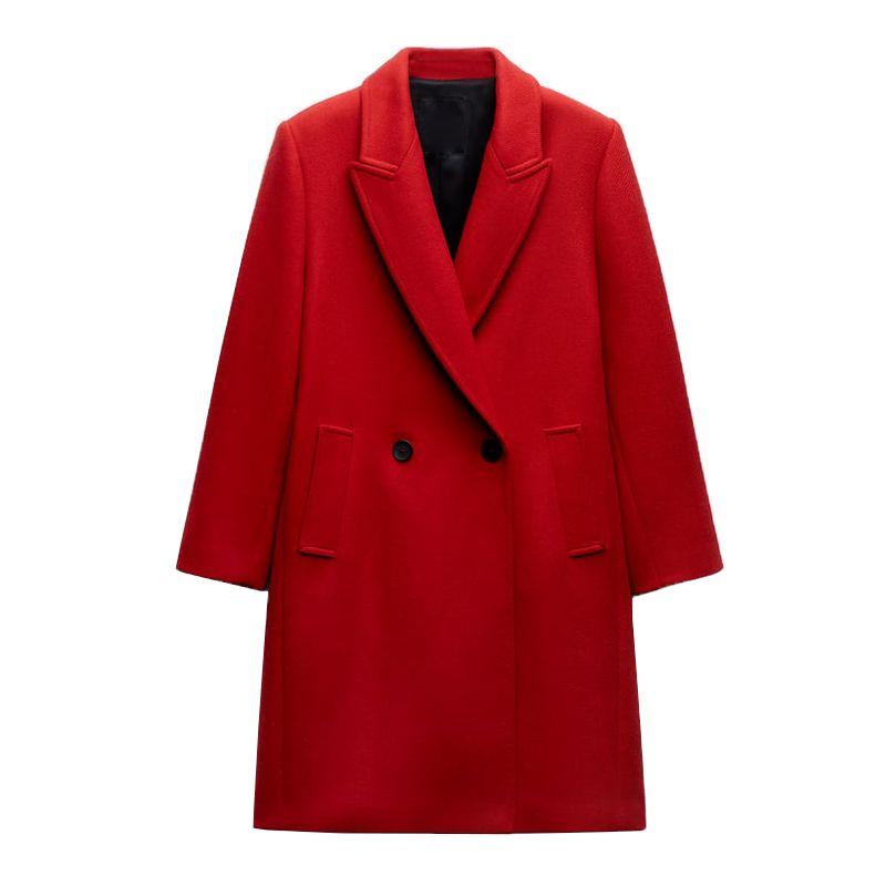 

Fall and Winter New Arrival Hepburn Style Red Suit Collar Woolen Double Breasted Long Overcoat Outerwear 8694142 Red L