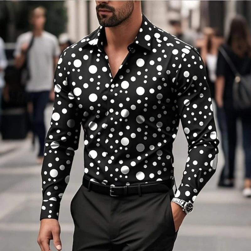 Men's Shirt with Polka Dot Print Long Sleeved Shirt, Outdoor Casual Style, Slim Fit Collar Shirt, Men's Casual Formal Top