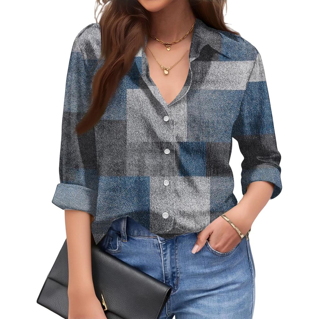 Women's Fashionable Casual Loose Geometric Patchwork Print Long-sleeved Shirt