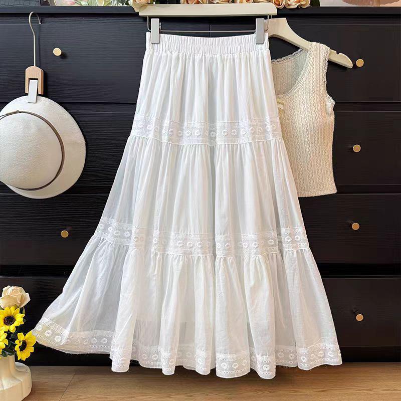 

Женская миди-юбка А-силуэта с французской кружевной отделкой - Высокая талия, свободная, пышная и модная для лета One Size белый