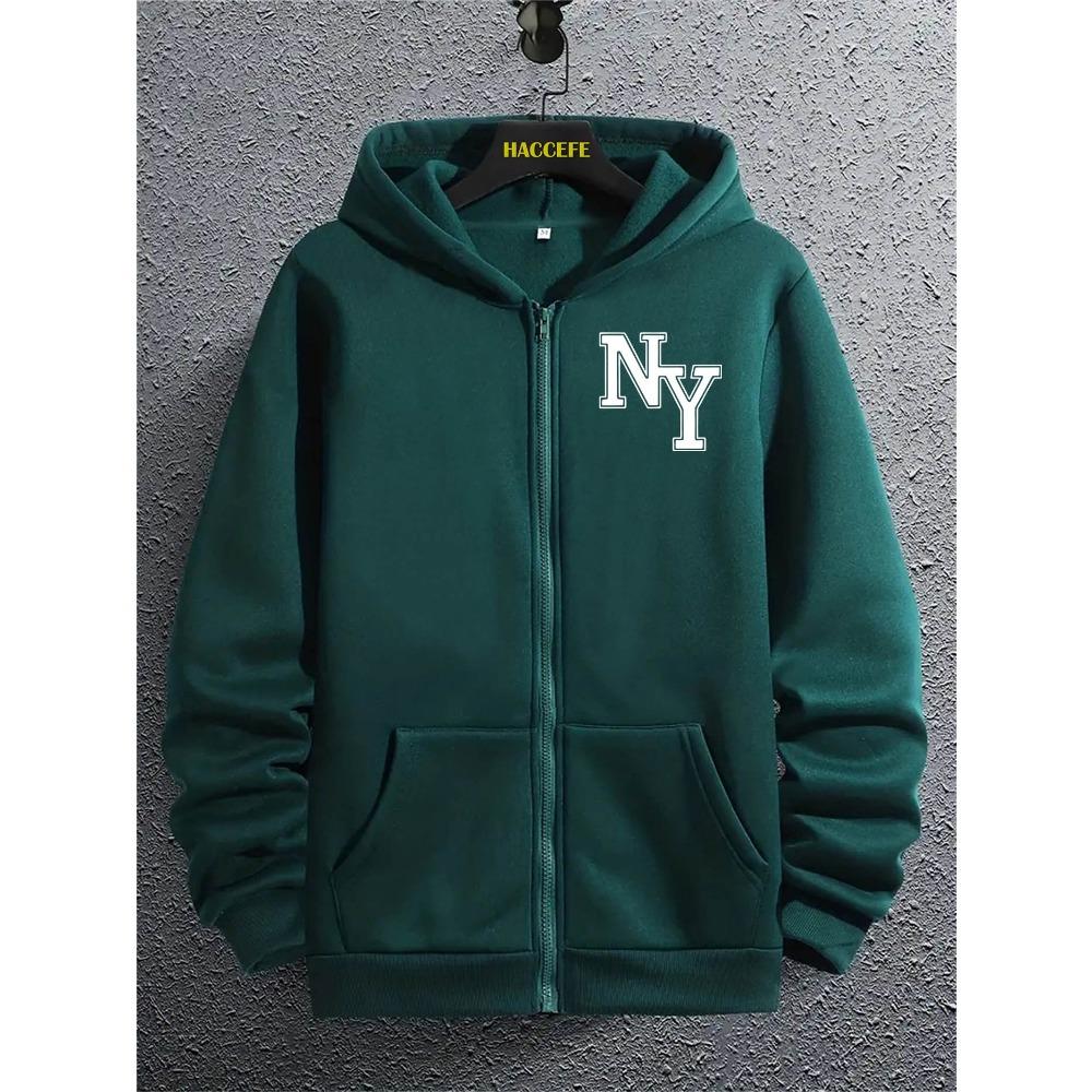 Men's Casual Fashion Creative New York English Letter Pattern Printed Zipper Hooded Sweatshirt Top, Comfortable and Soft Fabric