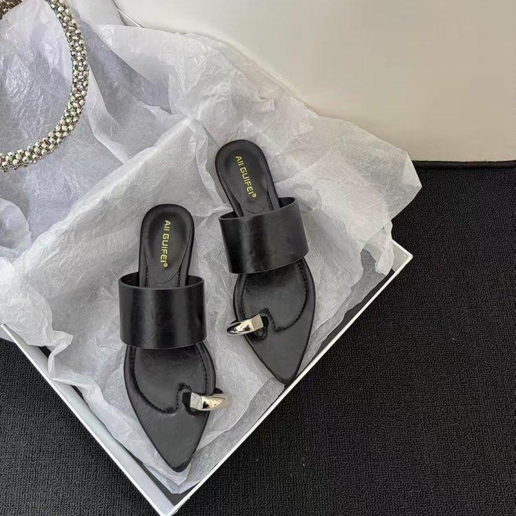 French Metal Buckle Silver Casual Toe Slippers Slope Heel Flat Sandals Women's 2025 Spring and Summer New Cool Slippers