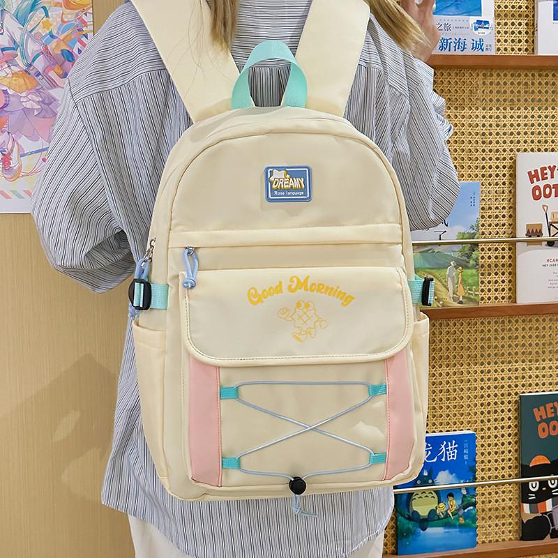 Good Morning Letter Print Student Backpack Large Capacity Nylon Breathable School Bag For Middle School Students