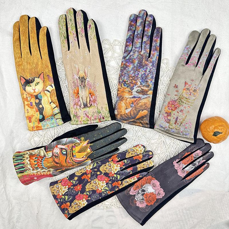 Fashion 3D Oil Painting Gloves Women'S Suede Fleece Thickened Touch Screen Thermal Gloves